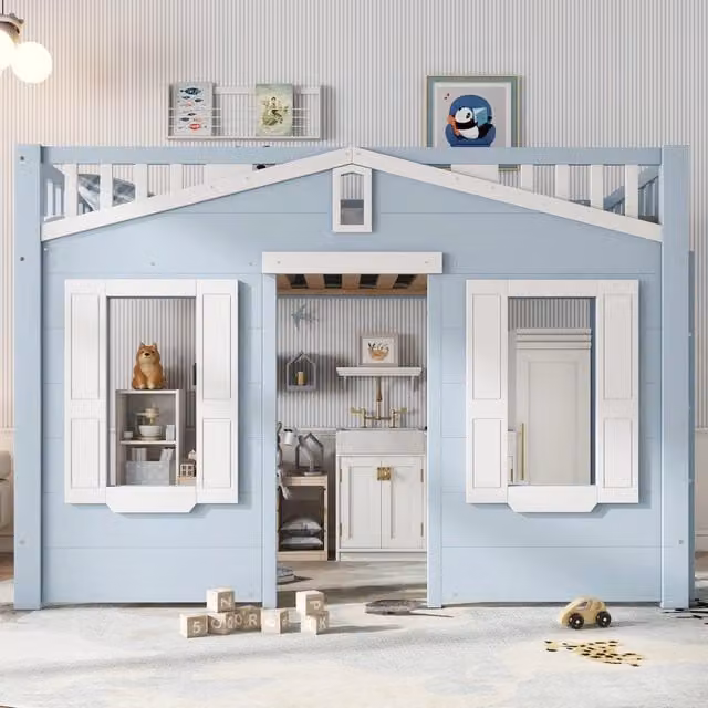 Letto a castello bambini blu in pino e MDF con funzione contenitore 90x200 cm