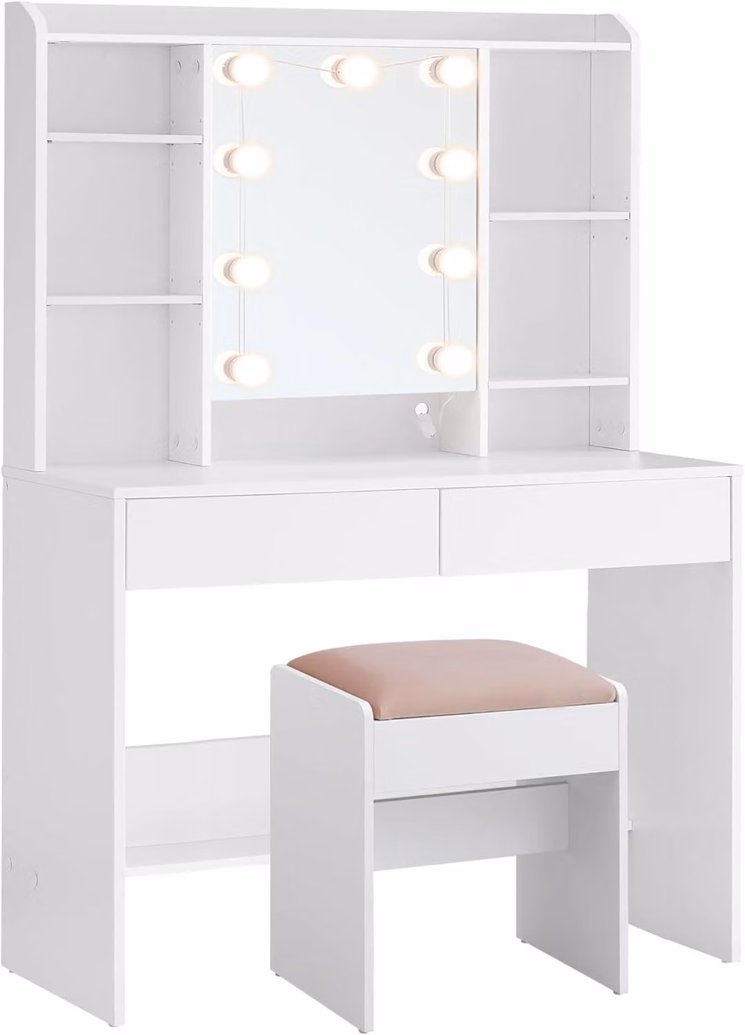 Comò da trucco con illuminazione, specchio, sgabello e 2 cassetti | Colore bianco nuvola e rosa pastello | 80x40x140 cm