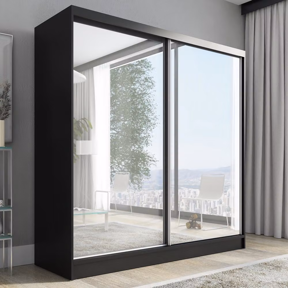 Armadio a ante scorrevoli, a 2 ante con specchio IVAR 200 cm (nero)