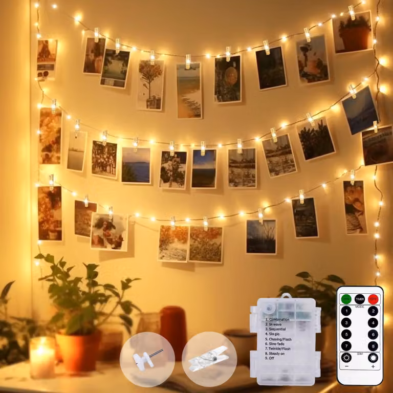 Catena luminosa da 5 metri con 50 LED, clip di fissaggio, telecomando, impermeabile, timer