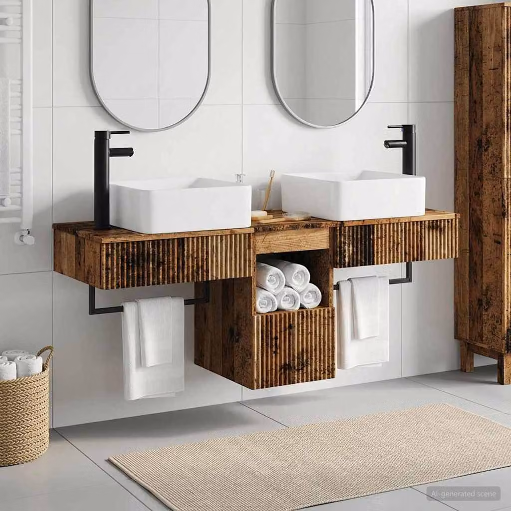 Set di mobili per il bagno moderno vidaXL in legno marrone, 3 pezzi con vanità e cassetti