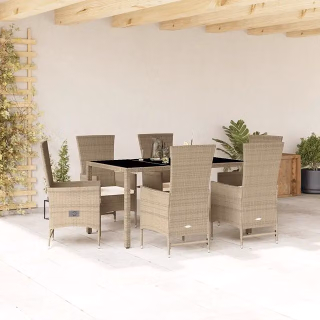Set da pranzo da giardino vidaXL in polyrattan con cuscini beige e tavolo in vetro nero 7 pezzi