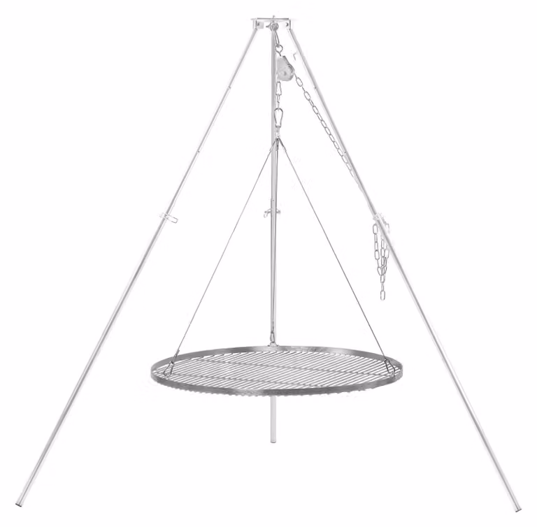 Griglia a treppiede BBQ-Toro con piano cottura circolare di 80 cm, realizzata in ferro zincato, con altezza regolabile da 119 a 184 cm