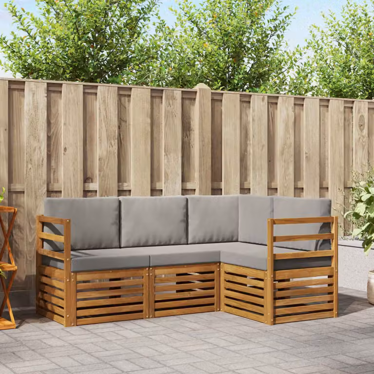 Set di divani da esterno vidaXL 4 pz in legno di acacia con cuscini, composizione a L, colore beige e grigio chiaro