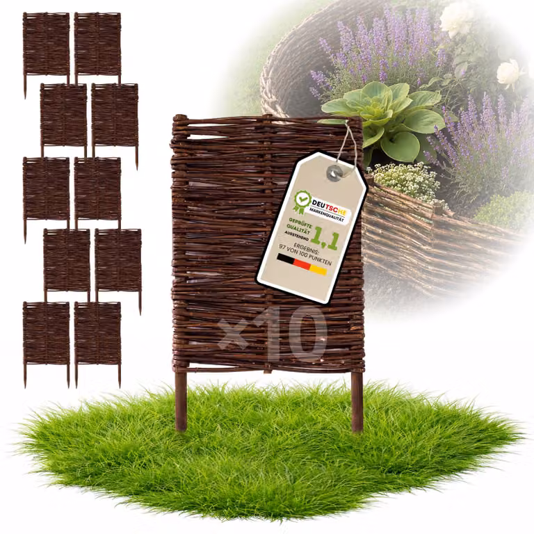 Floranica 10 pezzi Recinzione in vimini 60 cm x 30 cm – Staccionata da giardino intrecciata Palizzata Recinzione naturale Bordo aiuola