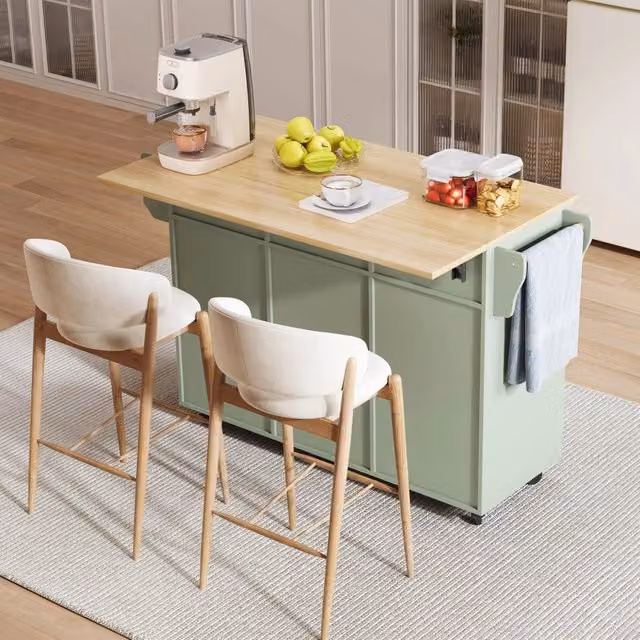 Carrello da Cucina ¨C Minimal ¨C 139x46x91,5cm verde con piano in legno massello salvaspazio con ruote