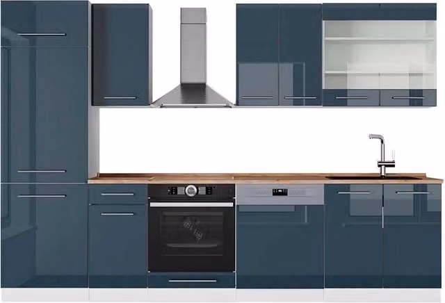 Cucina componibile moderna Fame-Line Vicco Blu scuro lucido e Bianco con Rovere, L: 300 cm