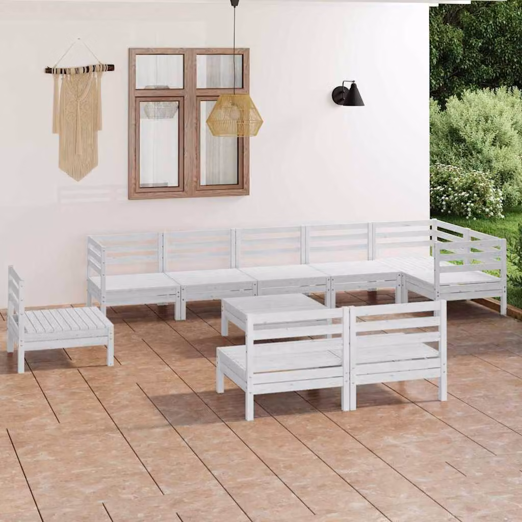 Set Salotto da Giardino vidaXL in Legno di Pino Bianco con Cuscini, Composizione a L con Elementi Angolari e Ottoman, 10 Pezzi