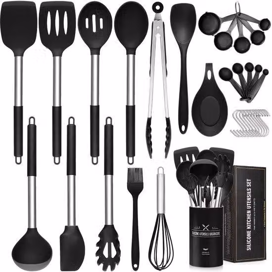 Azomor: set da cucina completo in silicone da 33 pezzi con manici in acciaio inossidabile e ganci a S