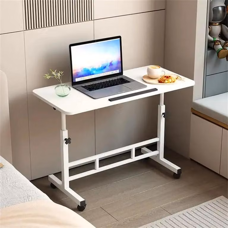 Tavolo per laptop - Tavolo regolabile in altezza per laptop, su ruote - Tavolino laterale per letto e divano, dimensioni 60x40 cm - Altezza regolabile da 65 a 87 cm - Struttura in metallo - Bianco