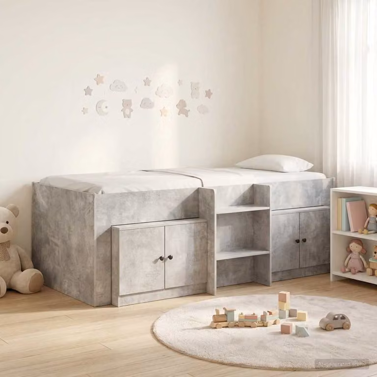 Letto a soppalco singolo vidaXL con mobile e scomparti laterali in legno e metallo, Grigio