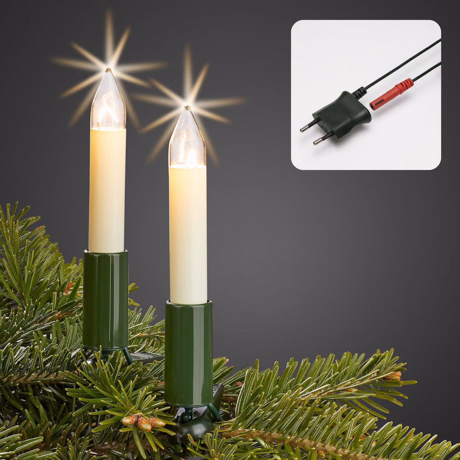 Catena luminosa a forma di candela, 20 luci, verde/avorio, distanza tra le luci di 70 cm, lunghezza totale di 16,3 metri