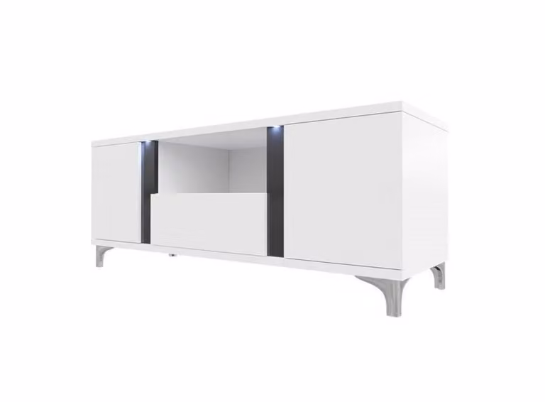 Tavolino per TV con illuminazione a LED BANTRY - bianco / bianco lucido / nero lucido