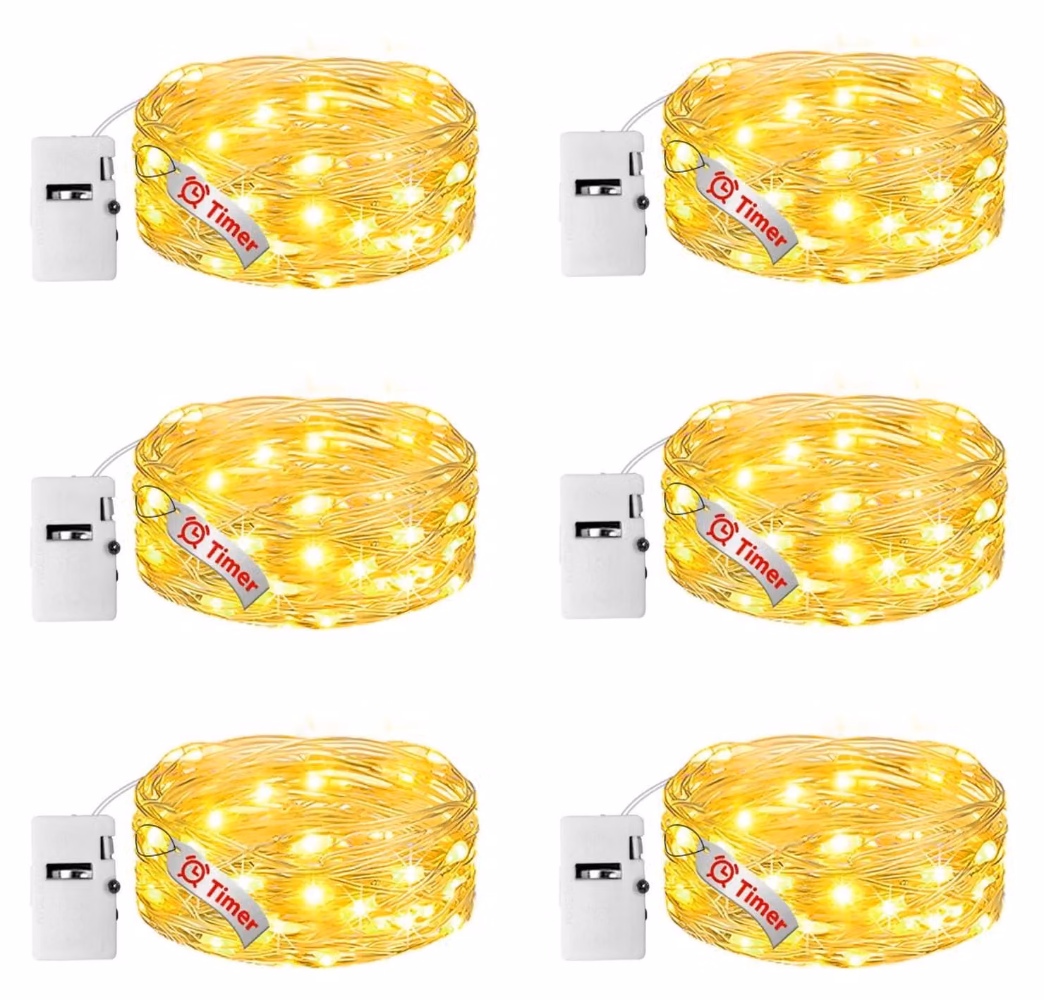 Set di 6 luci a LED, luce bianco caldo, lunghezza 2 metri, con timer, alimentazione a batteria