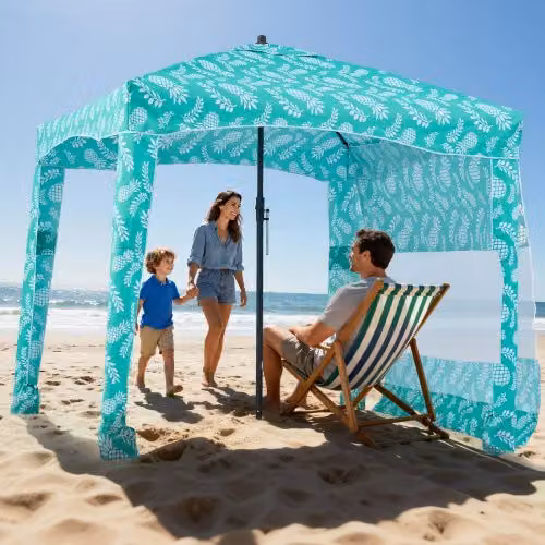 Tenda da spiaggia VEVOR con parete laterale e tasche per la sabbia, ombrellone parasole portatile regolabile in altezza, Verde Chiaro e Turchese, L/P/H: 183 x 183 x 229 cm