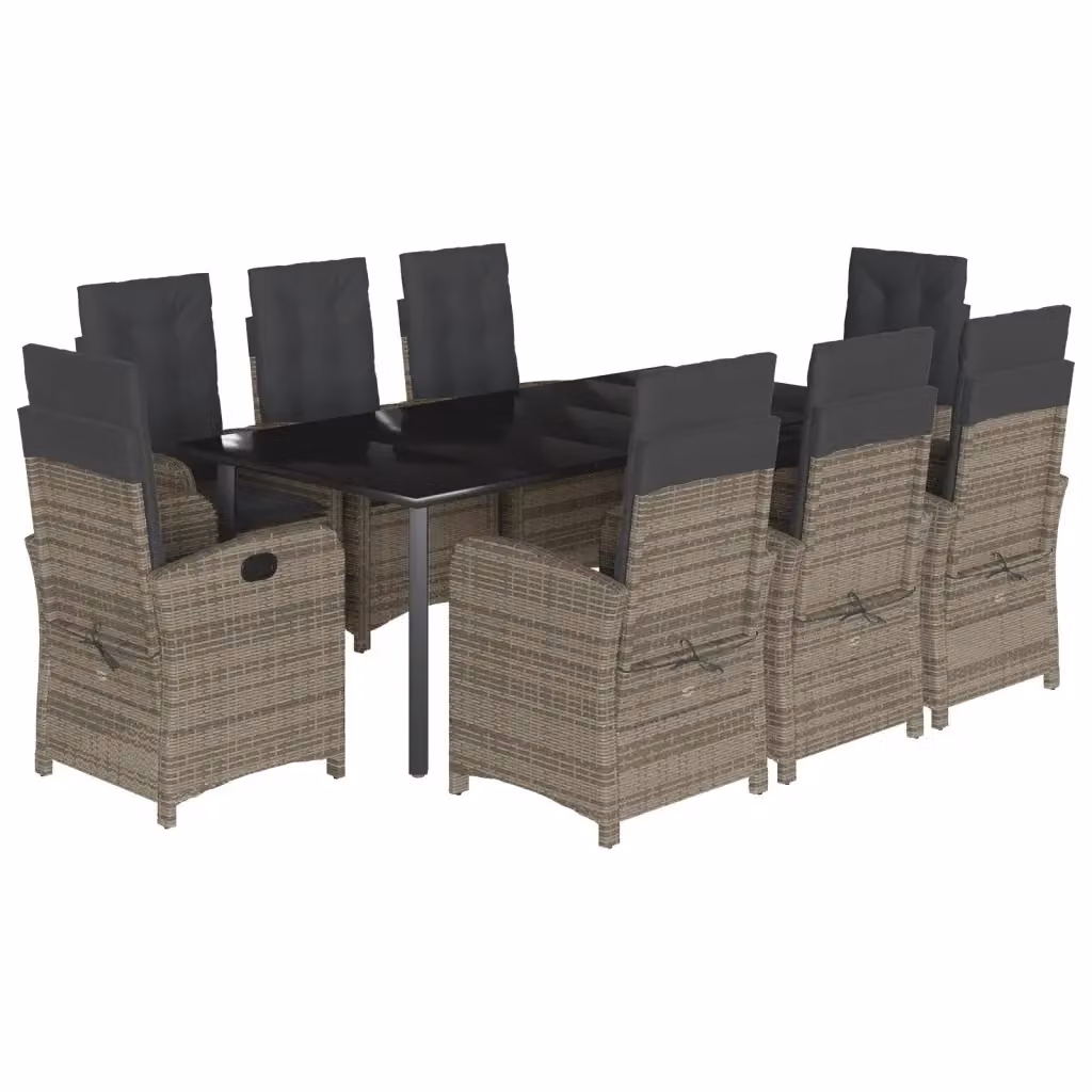 Set da Pranzo da Giardino vidaXL in Polyrattan Grigio e Nero con Cuscini e Tavolo in Vetro, 9 Pezzi – 2