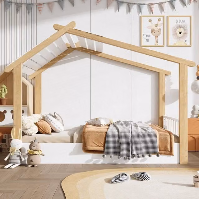 Letto in legno per bambini singolo, 90x200 cm, design casetta, doghe stabili, design semplice, pino + pannello truciolare + MDF, Bianco + Naturale