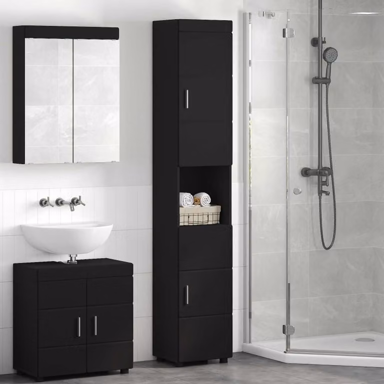 Set di armadi da bagno vidaXL TULUM moderni in MDF nero con ante a cerniera e ripiani interni L/P/H: 37 x 31,5 x 203 cm