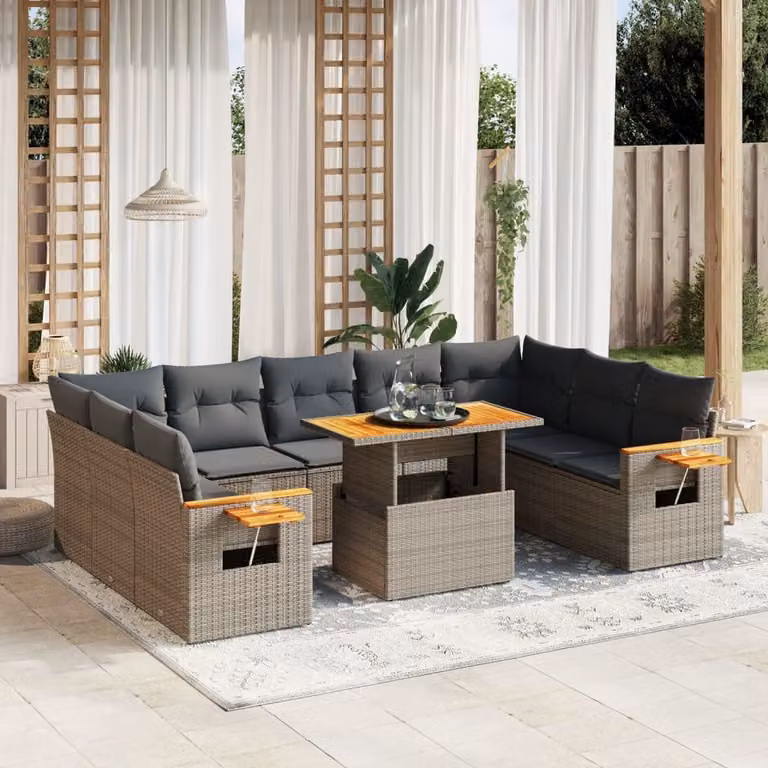 Set di Divani da Giardino vidaXL 11 pz in Polyrattan Grigio con Cuscini e Tavolino da Esterno