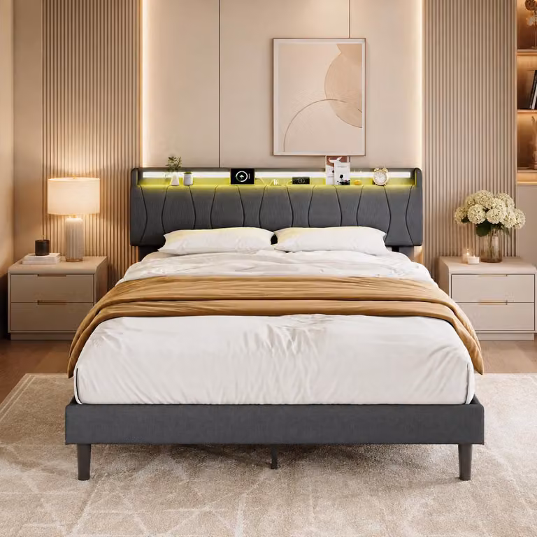 Letto imbottito INONEFT, 160x200 cm, con illuminazione LED, prese USB di tipo C e prese USB, letto matrimoniale con spazio contenitivo nella testiera, letto per ragazzi con rete a doghe, colore grigio
