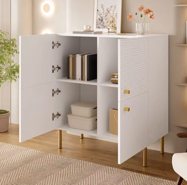 Credenza moderna bianca in MDF con gambe in metallo per soggiorno o camera da letto