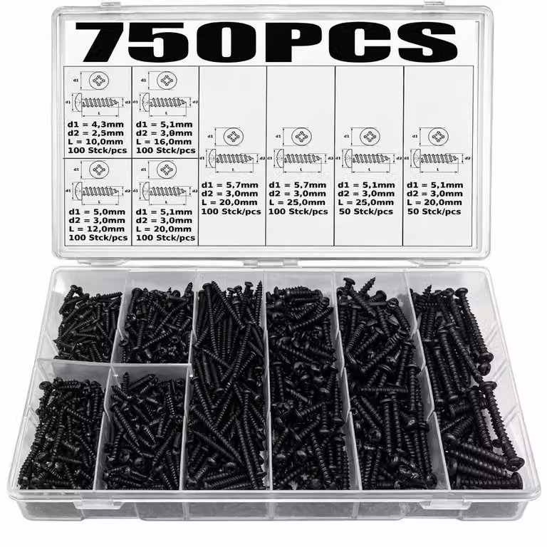 Assortimento di 750 viti autofilettanti per lamiera, testa tonda, nere, diametro 2,5–4,0 mm