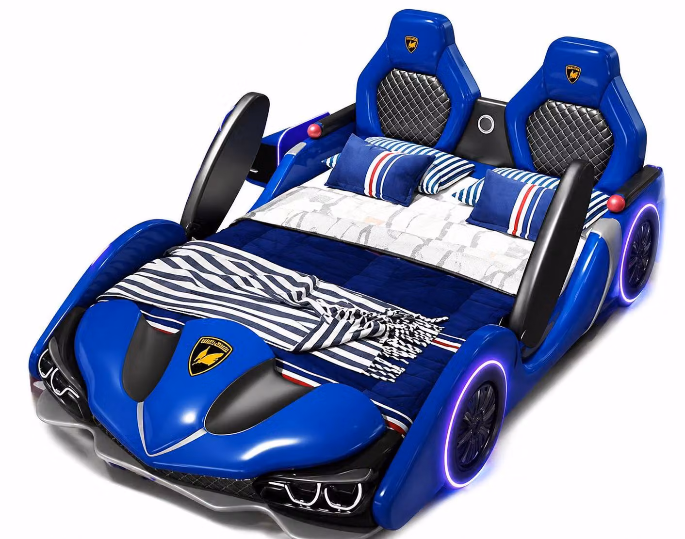 Letto a forma di auto blu, con luci LED e altoparlante Bluetooth, ideale per bambini