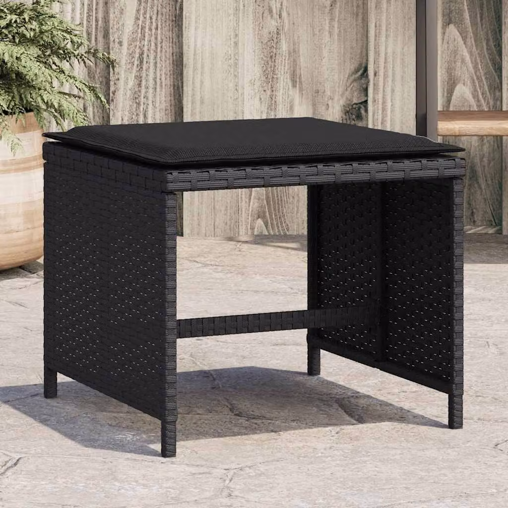 Set di 4 sgabelli da giardino vidaXL in polyrattan nero con cuscini, L/P/H: 41 x 41 x 36 cm