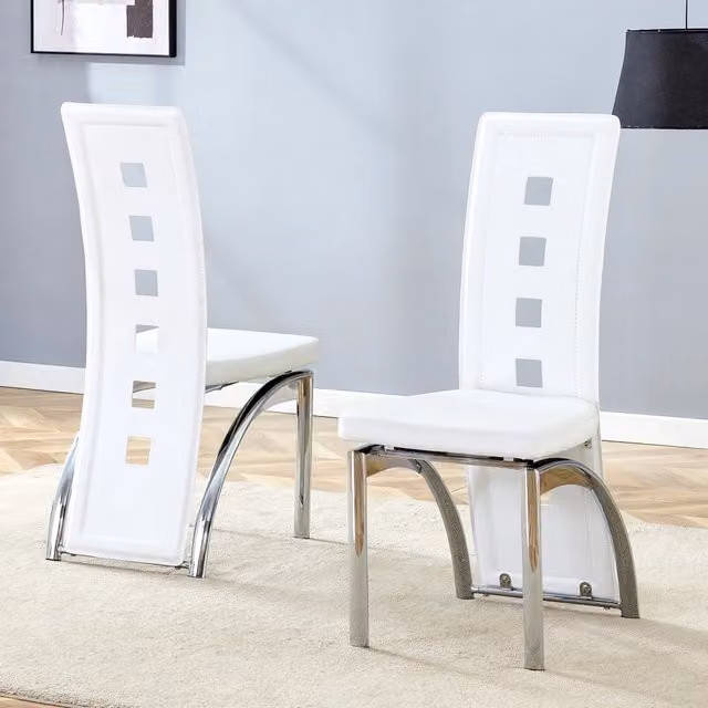 Set di 2 sedie da pranzo MIVRAY in similpelle bianca opaca con gambe in metallo argentato e schienale traforato geometrico – 1