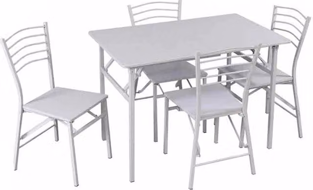 SET EASY CON TAVOLO E 4 SEDIE PIEGHEVOLI COLORE BIANCO, STRUTTURA IN METALLO E SEDUTA IN LEGNO