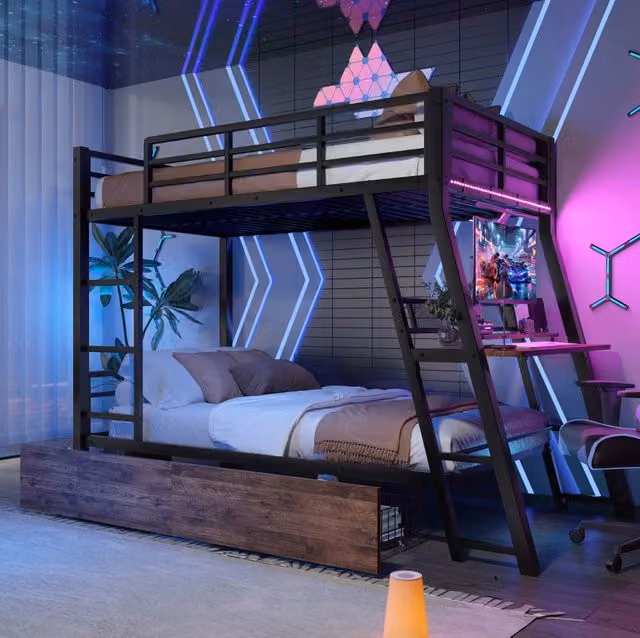 Letto a soppalco 90x200 cm nero con scrivania, cassetti e LED