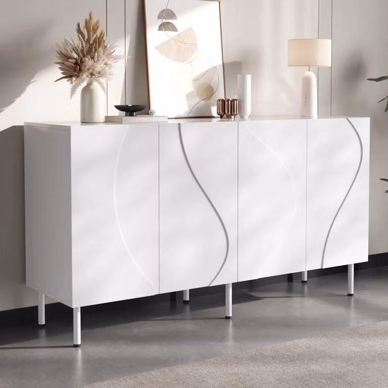 Madia Mivray con 4 ante curve 3D e apertura a pressione, finitura lucida bianca, L/P/H: 140 x 40 x 77.5 cm