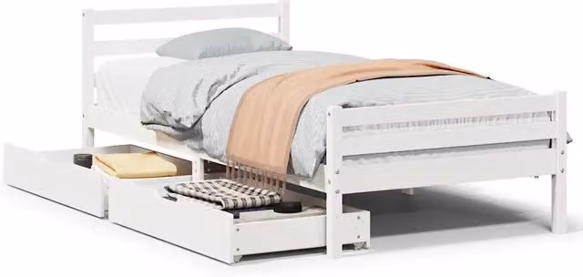 Letto singolo per adulti in legno massello di pino bianco laccato con cassetti L/P: 100 x 200 cm