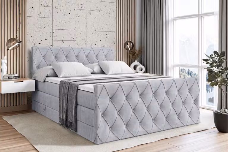 Letto boxspring ALTDECOR con materasso e rete a doghe - AMAY KING - 180x200 cm - Grigio Monolith 84 - Topper, pediera, letto imbottito con contenitore, letto con contenitore H3 e H4 - Materasso, letto matrimoniale, letto boxspring