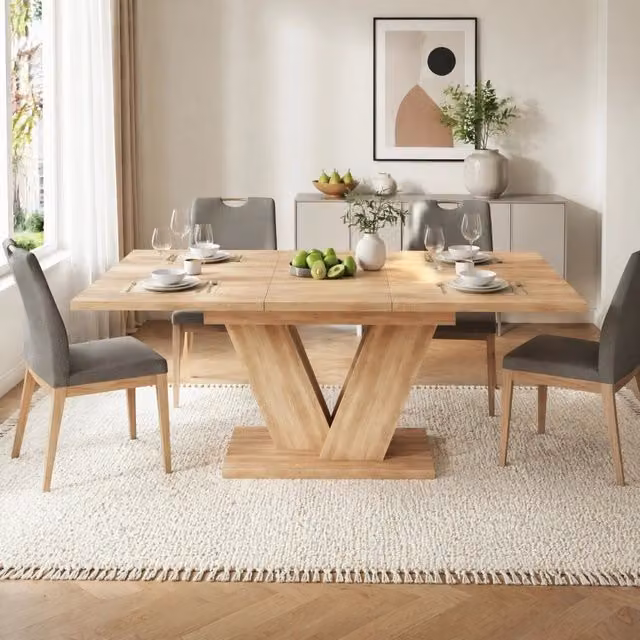 Tavolo da pranzo allungabile in MDF effetto rovere con gambe a V in metallo per 4–8 persone 140–180 × 80 × 75.5 cm