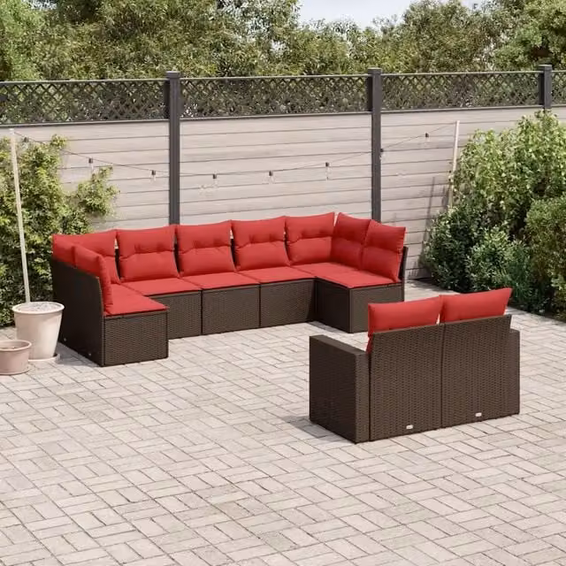 Set Divani da Giardino 9pz con Cuscini Marrone in Polyrattan 3219414
