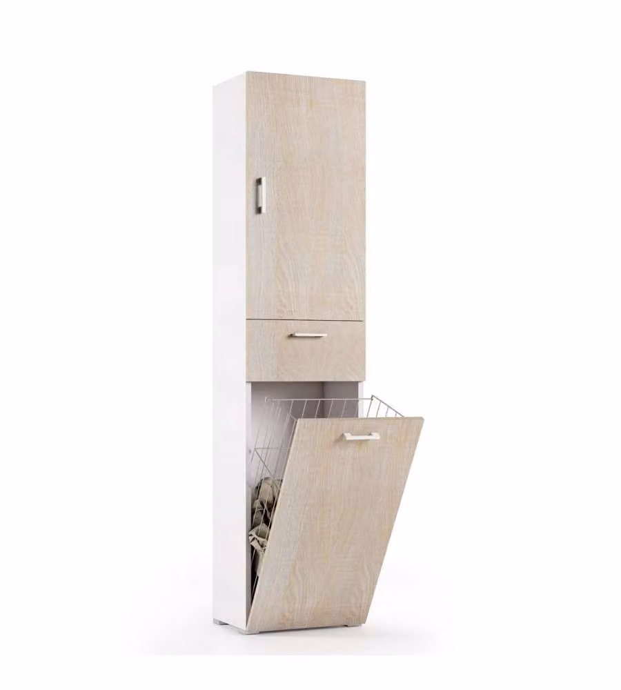 Terraneo Mobile Lavanderia Multiuso con Cestello Porta Biancheria, Bianco e Rovere, L 45 cm x P 32 cm x H 195 cm
