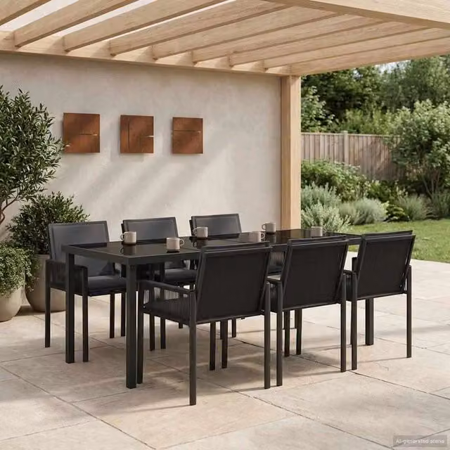 Set da pranzo per giardino e terrazzo vidaXL in polyrattan nero con tavolo rettangolare in vetro e 6 sedie – 1