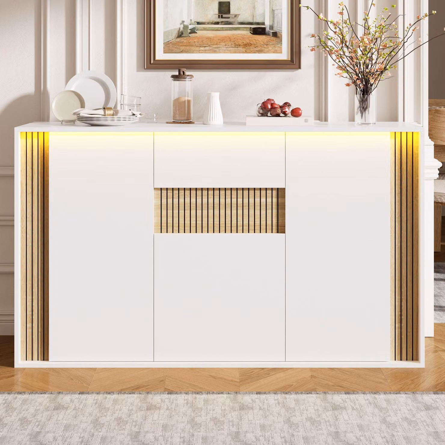 Mobile contenitore laterale Merax, con 3 ante e un cassetto, illuminazione LED, armadio contenitore per soggiorno e sala da pranzo, bianco