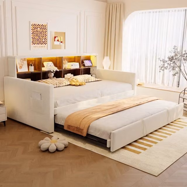 Letto divano singolo 90 × 190 cm, letto estraibile, LED, USB e tipo C, senza materasso, velluto beige