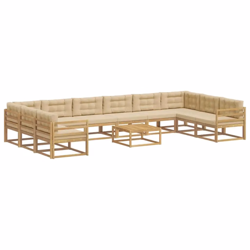 Set di divani da esterno a L con tavolino vidaXL in legno di acacia, 11 pezzi, Bianco, Beige e Marrone – 2