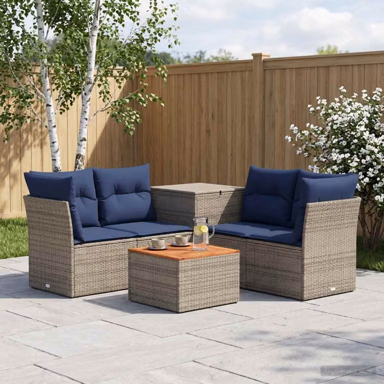 vidaXL Set di divani da giardino 6 pz in rattan sintetico e metallo, colore grigio e blu con cuscini inclusi