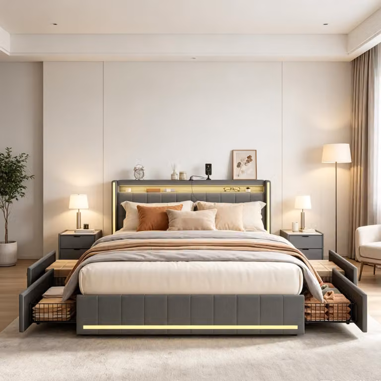 Letto imbottito INONEFT, 160 x 200 cm, con 4 cassetti, letto per ragazzi con LED e USB, letto matrimoniale con spazio contenitivo, letto multifunzionale con rete a doghe, tessuto in lino, colore grigio scuro