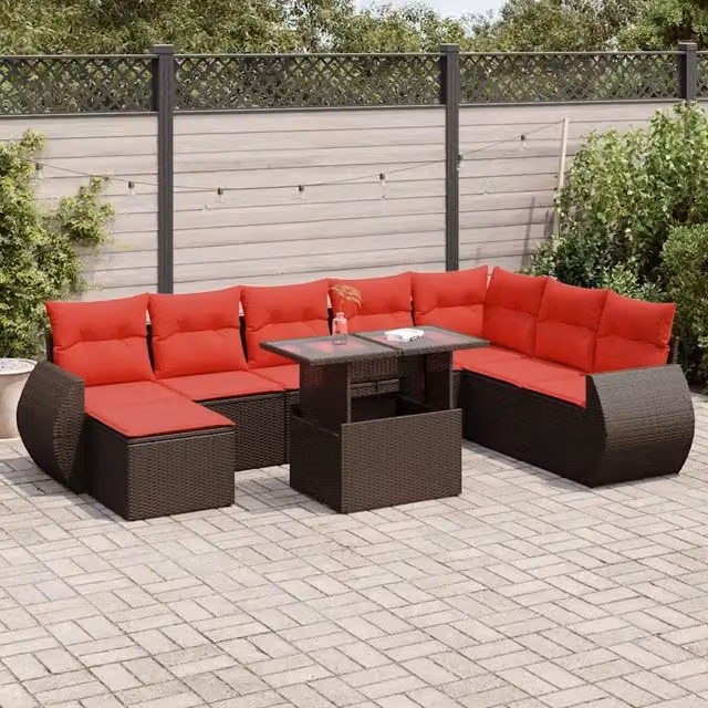 Set Divani Giardino 9 pz con Cuscini Polyrattan Marrone Acacia 3326695