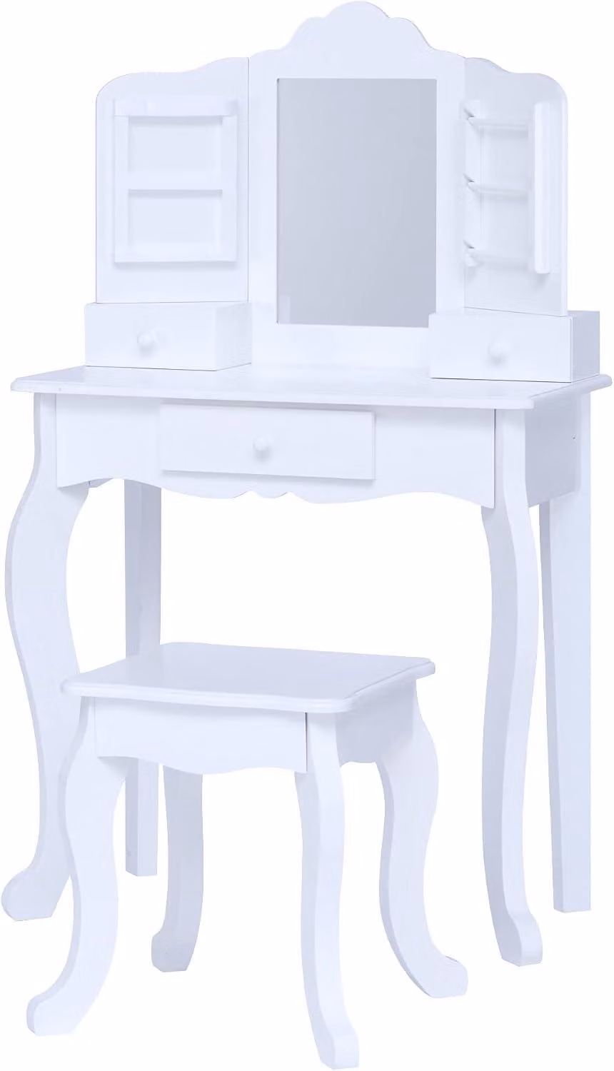 Tavolino da trucco Teamson Kids in legno per bambini – set tavolo e sedia – bianco | con specchio, sgabello e cassetto