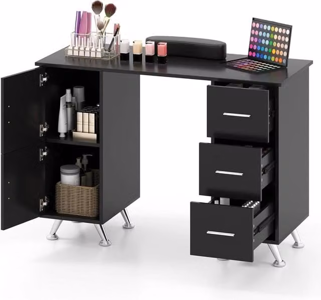 Tavolo per unghie con cassetti, Postazione lavoro in legno per nail art per salone di bellezza Nero