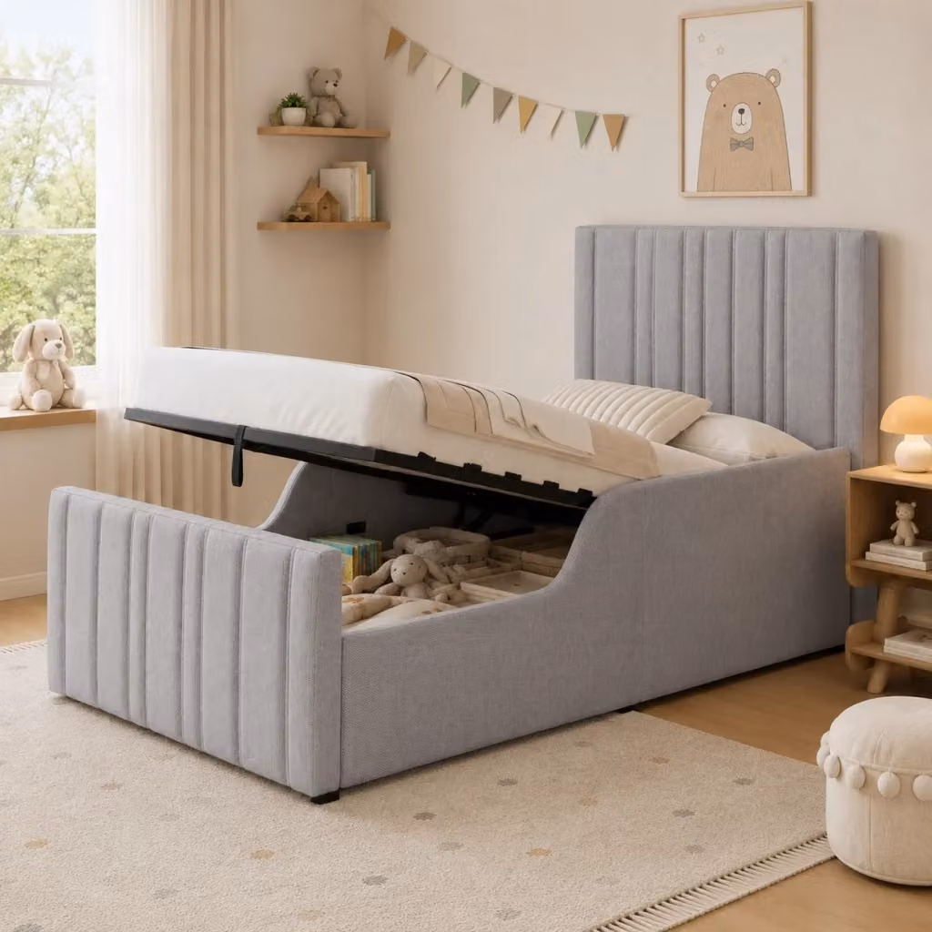 Letto singolo con contenitore Mivray in tessuto grigio con rete a doghe e struttura imbottita L/P: 90 x 200 cm – 2