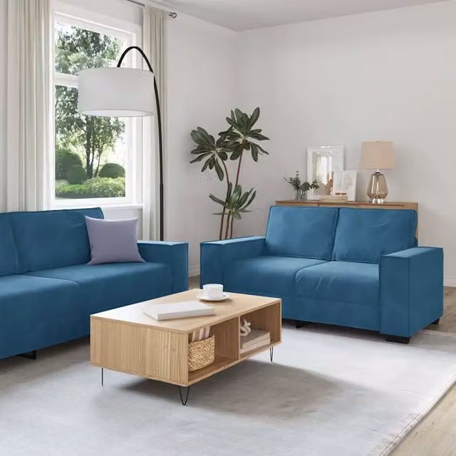 Set di divani vidaXL in velluto blu composto da un divano a 3 posti e un divano a 2 posti con cuscini coordinati e design moderno