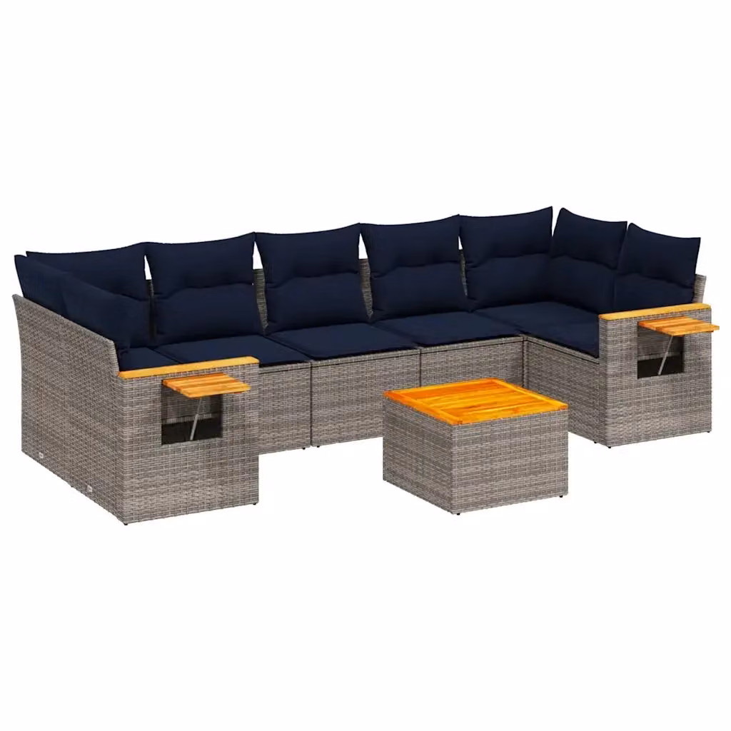 vidaXL Set Divani da Giardino 8 pz in Polyrattan con Cuscini Grigio e Blu e Tavolino da Esterno – 2