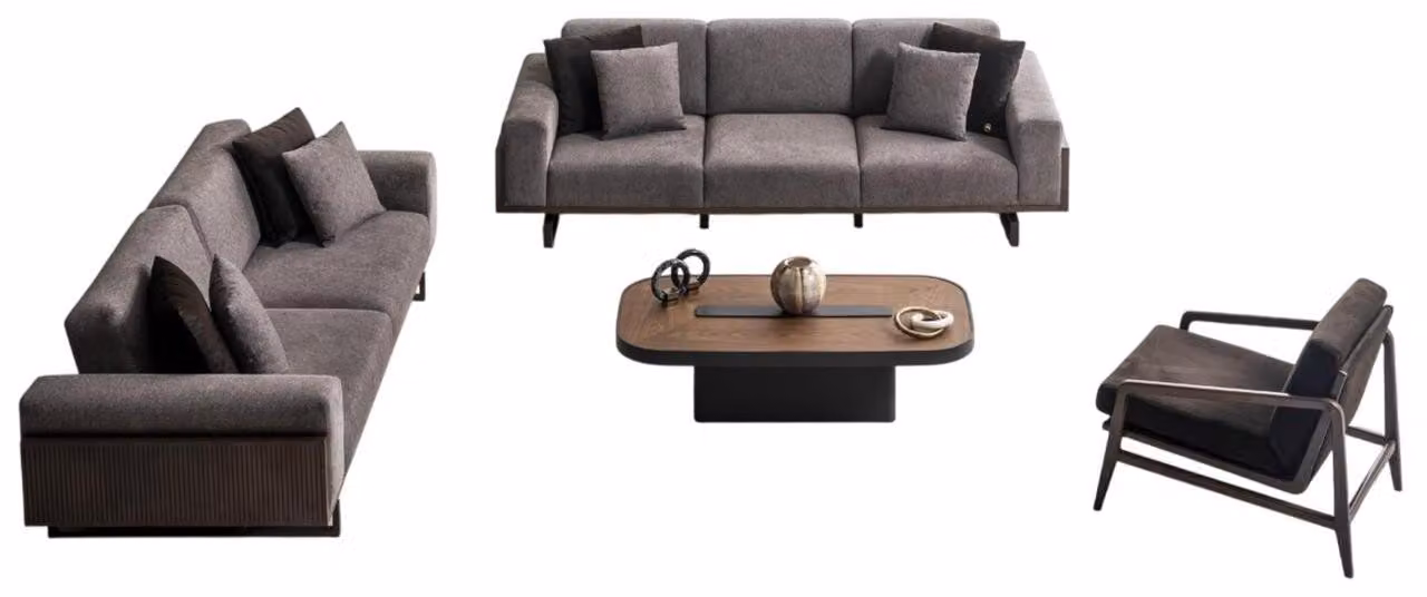 Elegante Graue Wohnzimmer Garnitur 3-Sitzer Relax Sessel Couchtisch